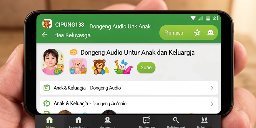 Tampilan antarmuka aplikasi CIPUNG138 dengan berbagai pilihan dongeng audio